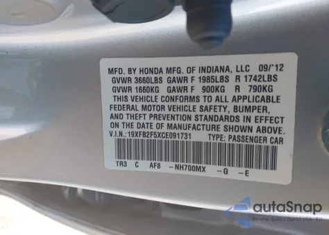 2012 Honda Civic Lx z USA, uszkodzony, nr VIN 19XFB2F5XCE091731